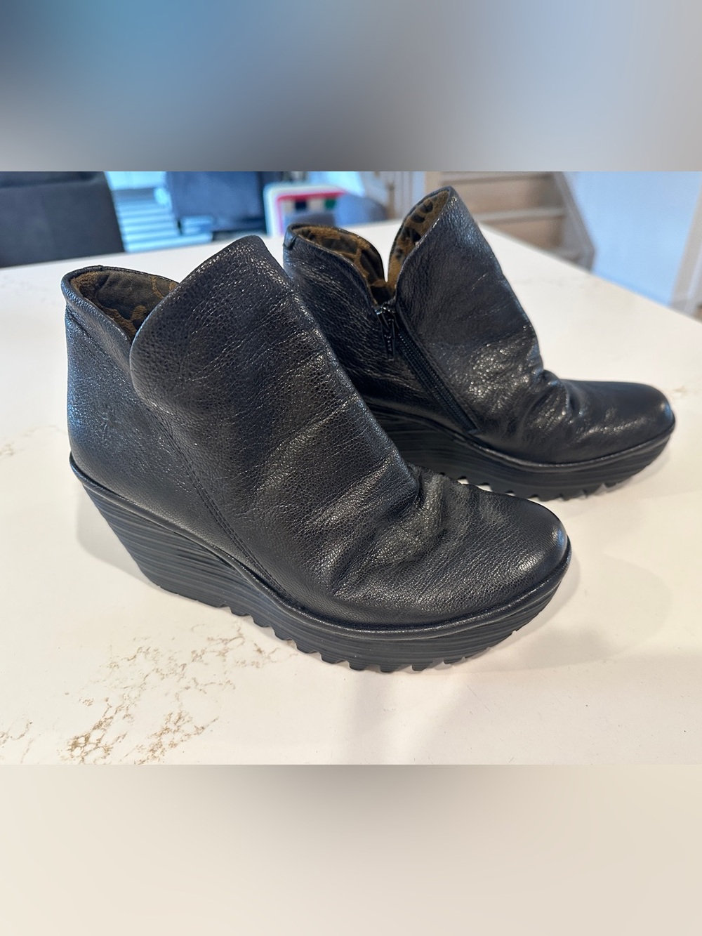 Fly London Yip Wedge Ankle Boots in Black Mousse Leather Size 36 EUR